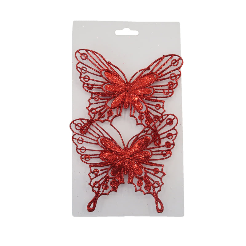 Christmas Sparkle Butterfly Decoration with Clips Pack of 2 - Red