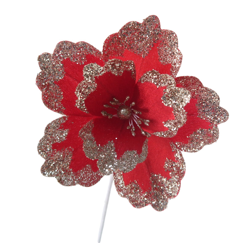 Christmas Sparkle Glitter Flower Stem Decoration 18cm - Red with Champagne Glitter