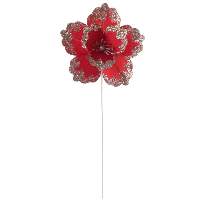 Christmas Sparkle Glitter Flower Stem Decoration 18cm - Red with Champagne Glitter