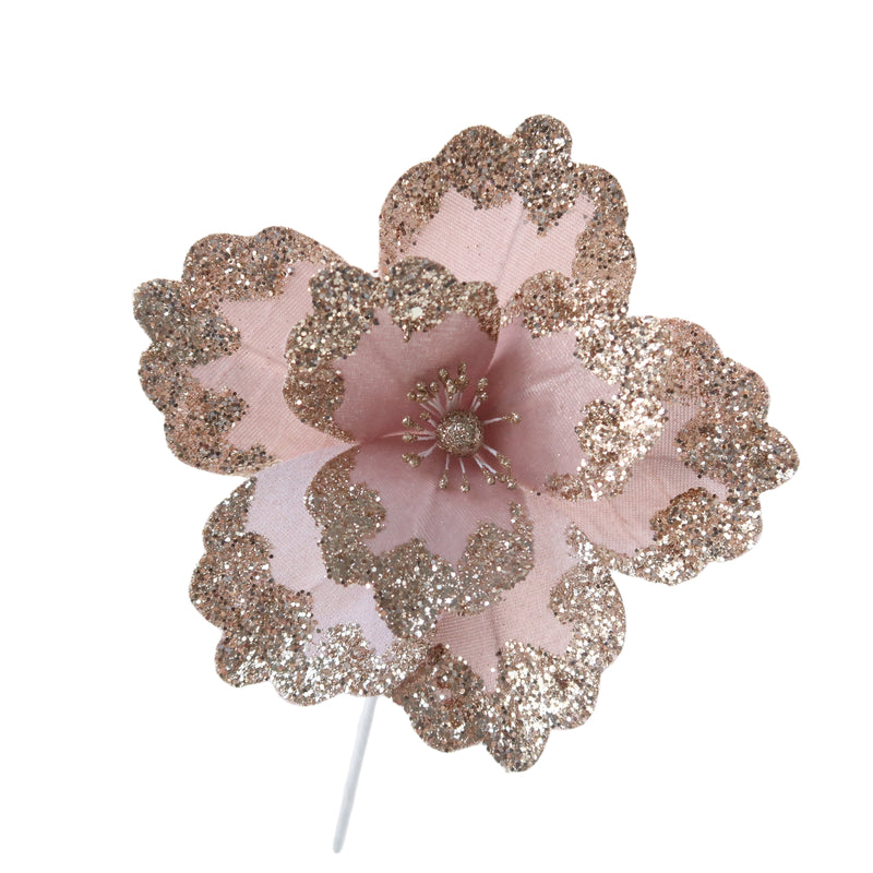 Christmas Sparkle Glitter Flower Stem Decoration 18cm - Pink with Champagne Glitter