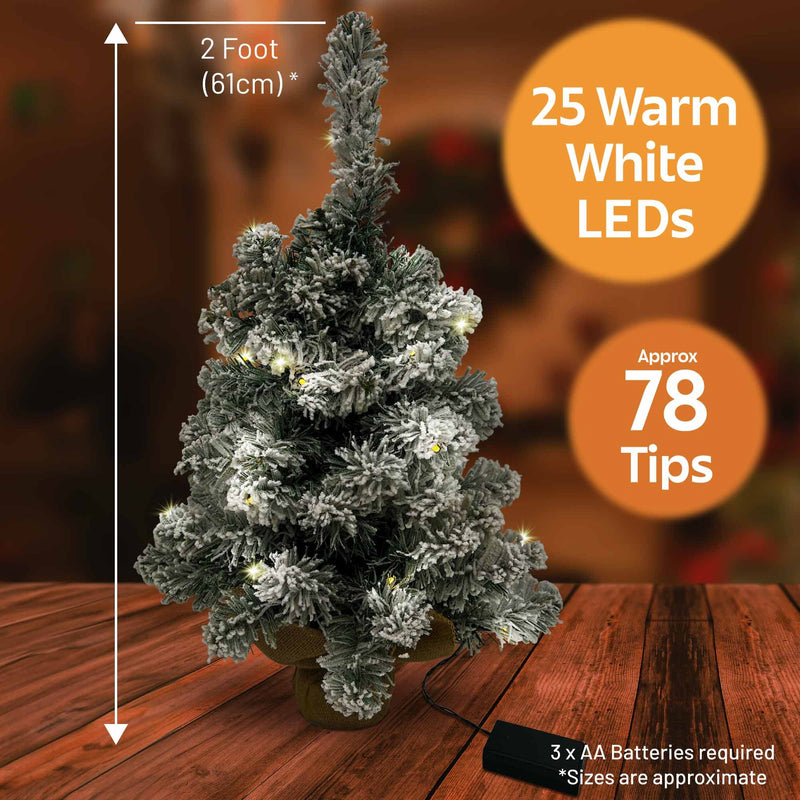 Christmas Sparkle Pre Lit Snowy Christmas Tree 2ft in Hessian Bag - Green