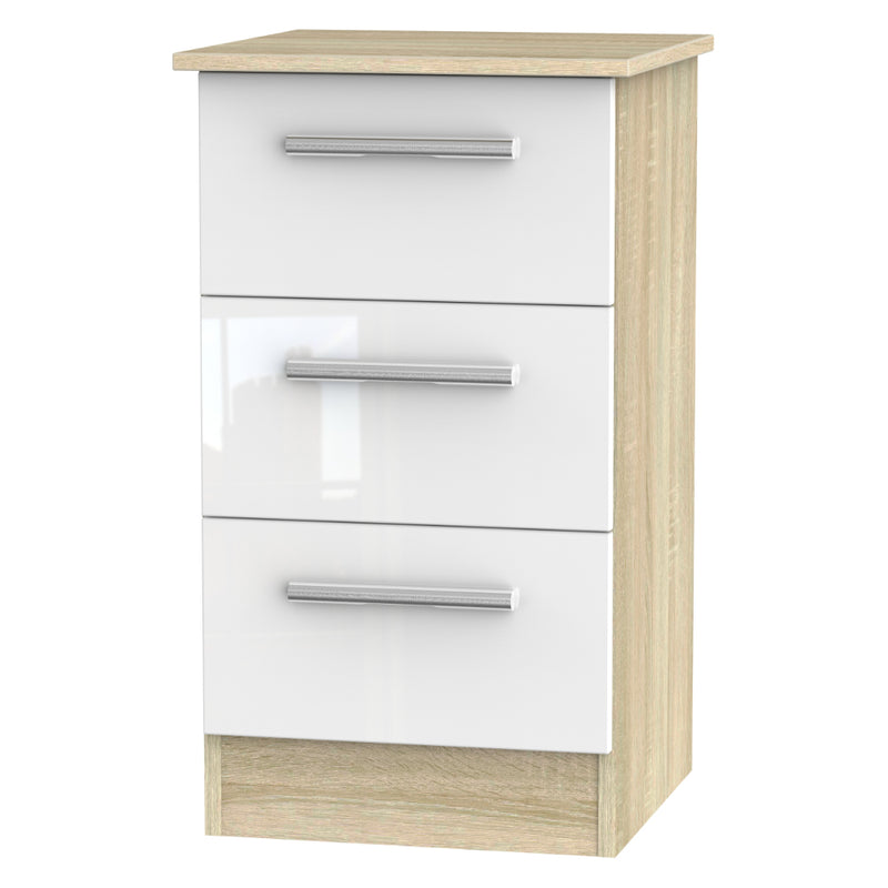 Copenhagen Ready Assembled Bedside Table with 3 Drawers  - White Gloss & Bardolino Oak