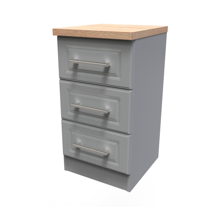 Kingston Ready Assembled Bedside Table with 3 Drawers  - Dust Grey & Bardolino Oak