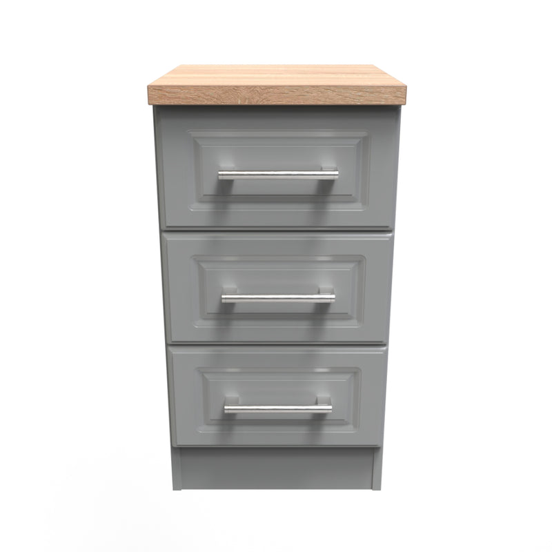 Kingston Ready Assembled Bedside Table with 3 Drawers  - Dust Grey & Bardolino Oak
