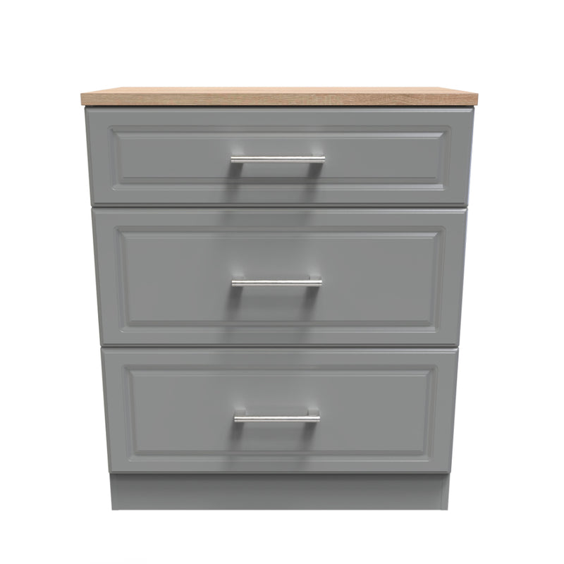 Kingston Ready Assembled Deep Chest of Drawers with 3 Drawers  - Dust Grey & Bardolino Oak