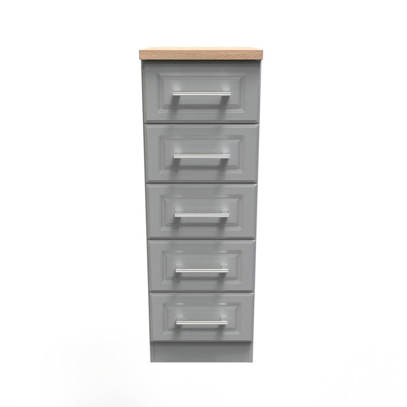 Kingston Ready Assembled Tallboy Chest of Drawers with 5 Drawers  - Dust Grey & Bardolino Oak