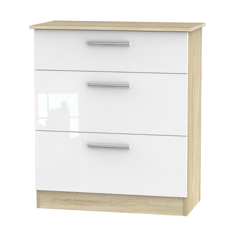 Copenhagen Ready Assembled Deep Chest of Drawers with 3 Drawers  - White Gloss & Bardolino Oak