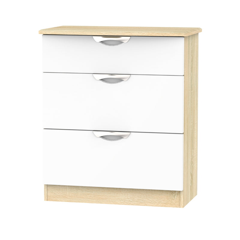 Cairo Ready Assembled Deep Chest of Drawers with 3 Drawers  - White Gloss & Bardolino Oak