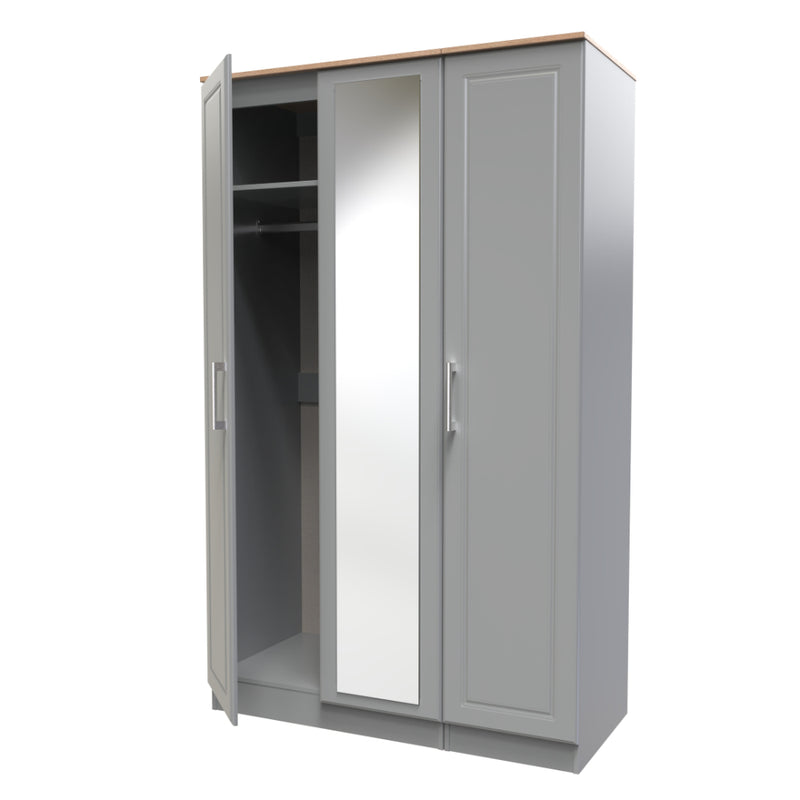 Kingston Ready Assembled Wardrobe with Triple Mirror  - Dust Grey & Bardolino Oak