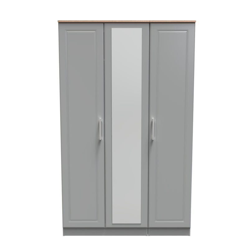 Kingston Ready Assembled Wardrobe with Triple Mirror  - Dust Grey & Bardolino Oak