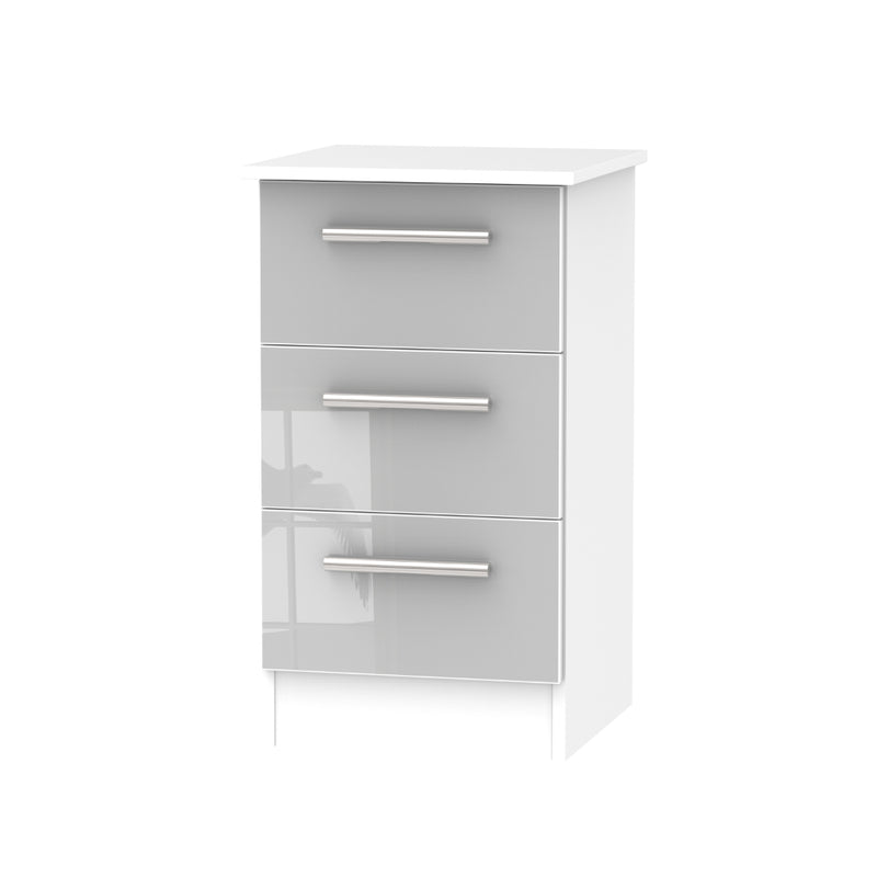 Copenhagen Ready Assembled Bedside Table with 3 Drawers  - Grey Gloss & White