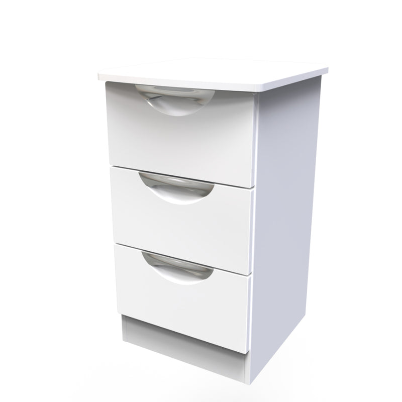 Cairo Ready Assembled Bedside Table with 3 Drawers  - White Gloss & White