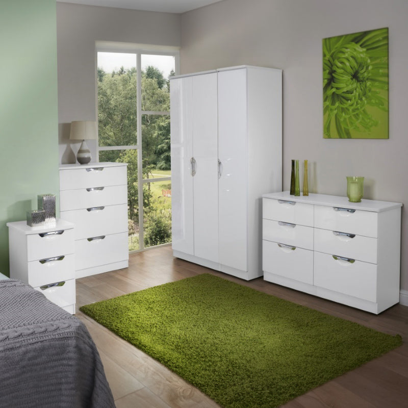 Cairo Ready Assembled Deep Chest of Drawers with 3 Drawers  - White Gloss & White