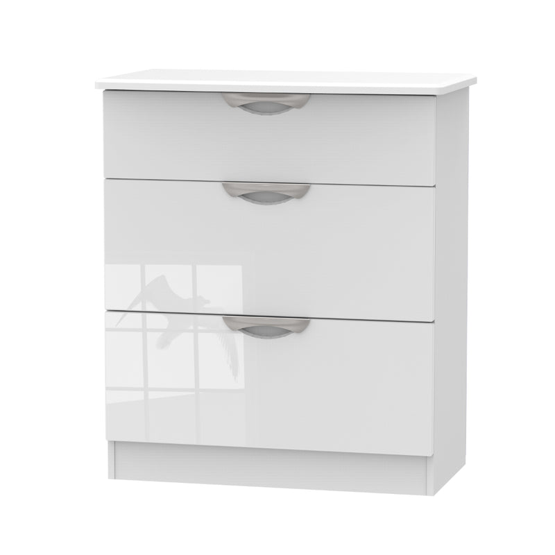Cairo Ready Assembled Deep Chest of Drawers with 3 Drawers  - White Gloss & White