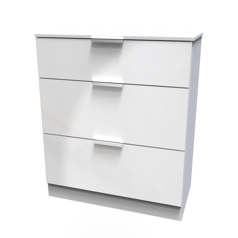 Paris Ready Assembled Deep Chest of Drawers with 3 Drawers  - White Gloss & White