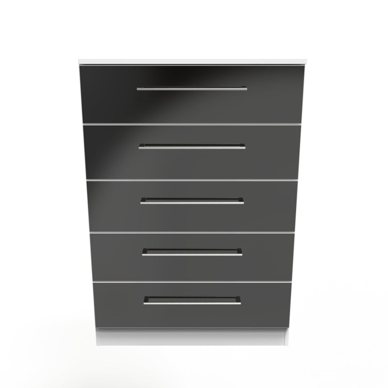 Wellington Ready Assembled Chest of Drawers with 5 Drawers  - Black Gloss & White