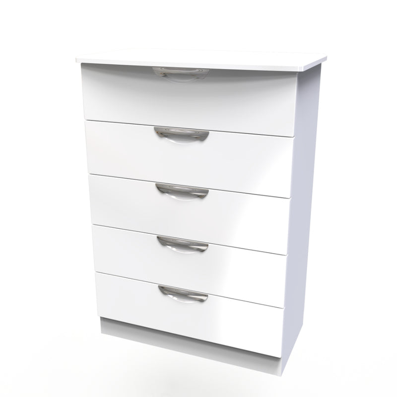 Cairo Ready Assembled Chest of Drawers with 5 Drawers  - White Gloss & White