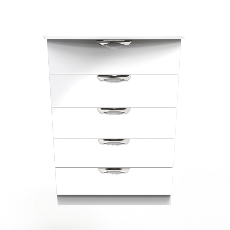 Cairo Ready Assembled Chest of Drawers with 5 Drawers  - White Gloss & White