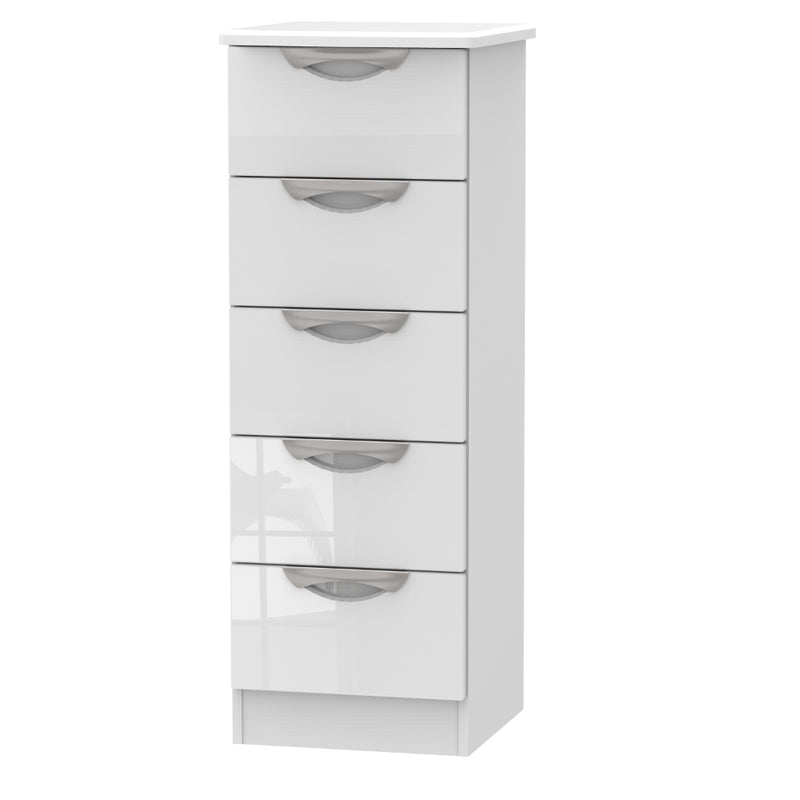 Cairo Ready Assembled Tallboy Chest of Drawers with 5 Drawers  - White Gloss & White