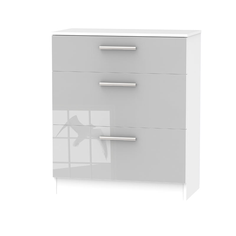 Copenhagen Ready Assembled Deep Chest of Drawers with 3 Drawers  - Grey Gloss & White