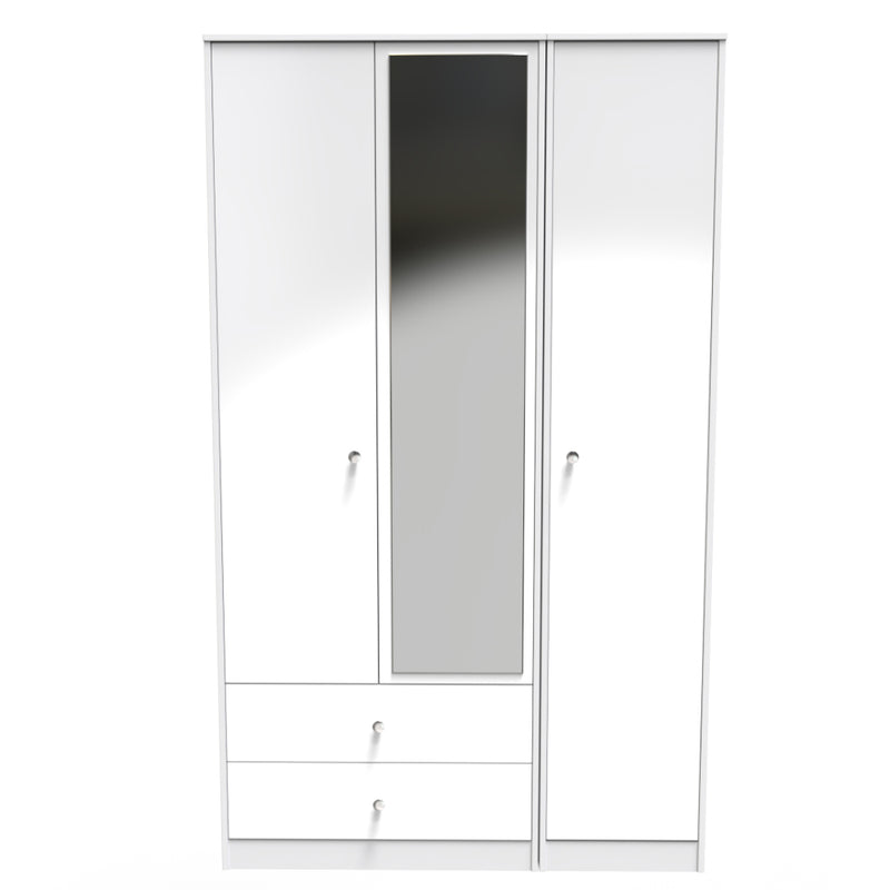 Porto Ready Assembled Wardrobe with Triple Mirror  - White Gloss & White