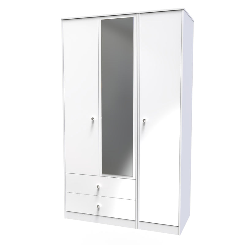 Porto Ready Assembled Wardrobe with Triple Mirror  - White Gloss & White