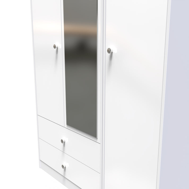 Porto Ready Assembled Wardrobe with Triple Mirror  - White Gloss & White