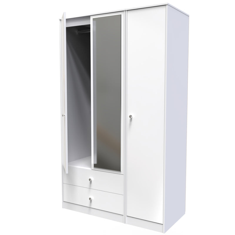 Porto Ready Assembled Wardrobe with Triple Mirror  - White Gloss & White