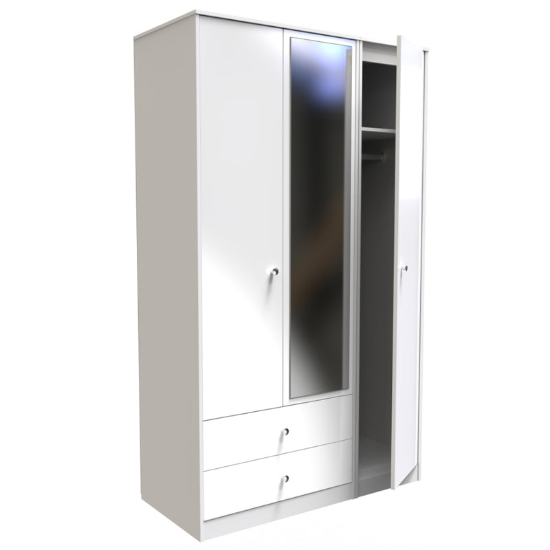 Porto Ready Assembled Wardrobe with Triple Mirror  - White Gloss & White