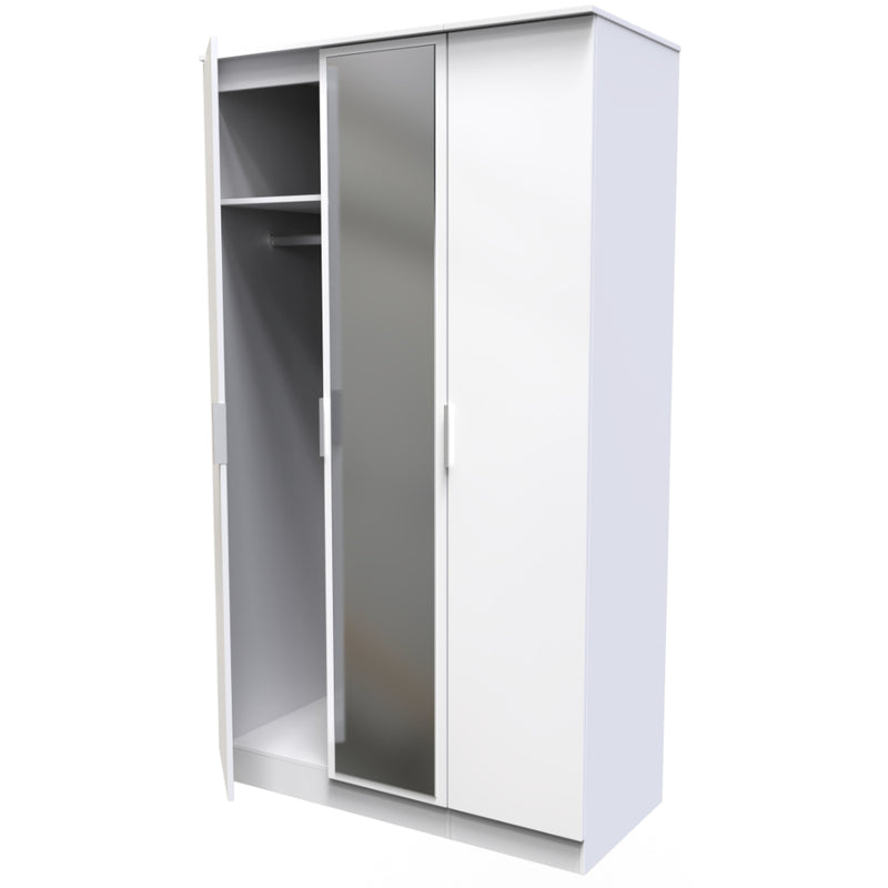 Paris Ready Assembled Wardrobe with Triple Mirror  - White Gloss & White