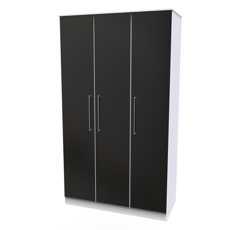 Wellington Ready Assembled Wardrobe with Triple Mirror  - Black Gloss & White