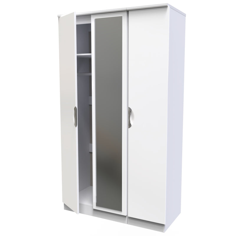 Cairo Ready Assembled Wardrobe with Triple Mirror  - White Gloss & White