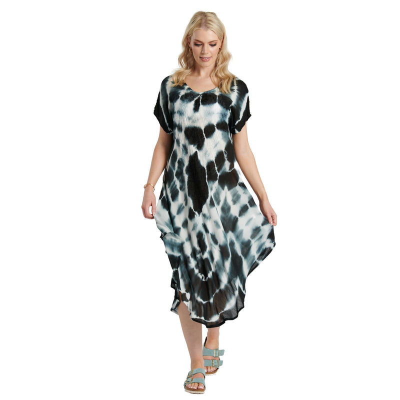 Tie Dye Sleeved Dress - Black & White