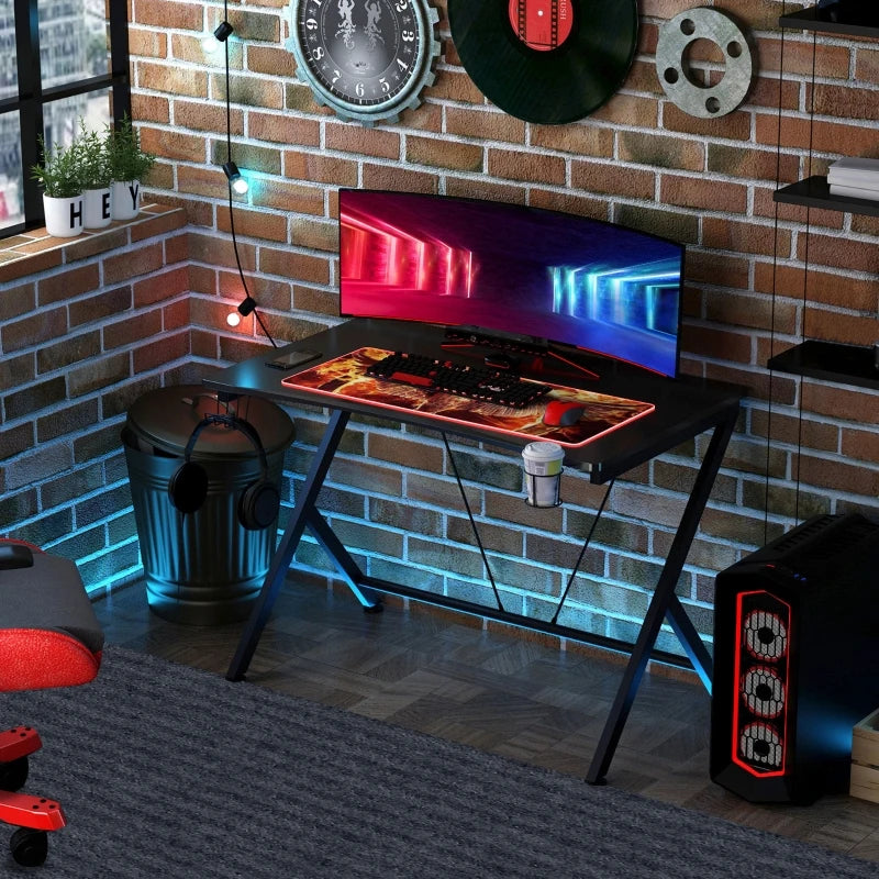 HOMCOM Gaming Desk Computer Table Metal Frame with Cup Holder, Headphone Hook, Cable Hole, Black