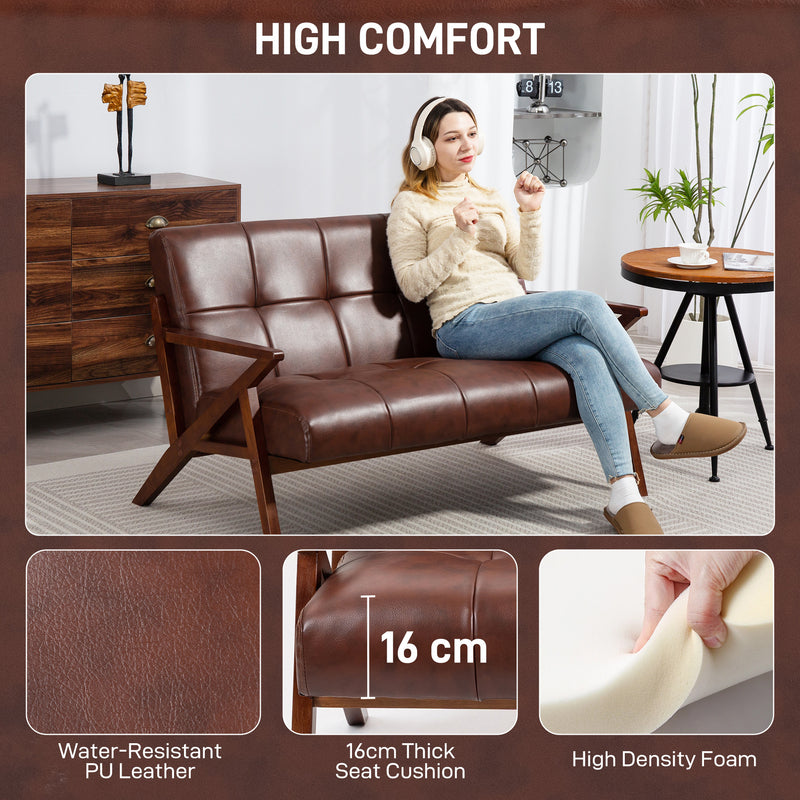 HOMCOM Compact Small Sofa with Solid Wood Frame, Vintage 2 Seater Sofa Brown