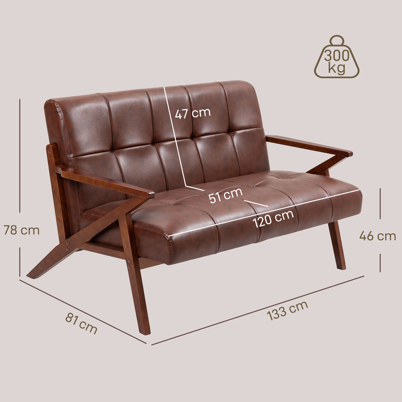 HOMCOM Compact Small Sofa with Solid Wood Frame, Vintage 2 Seater Sofa Brown