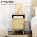 HOMCOM Nightstand, Rattan Bedside Table W/ Cabinet, Shelf, Natural