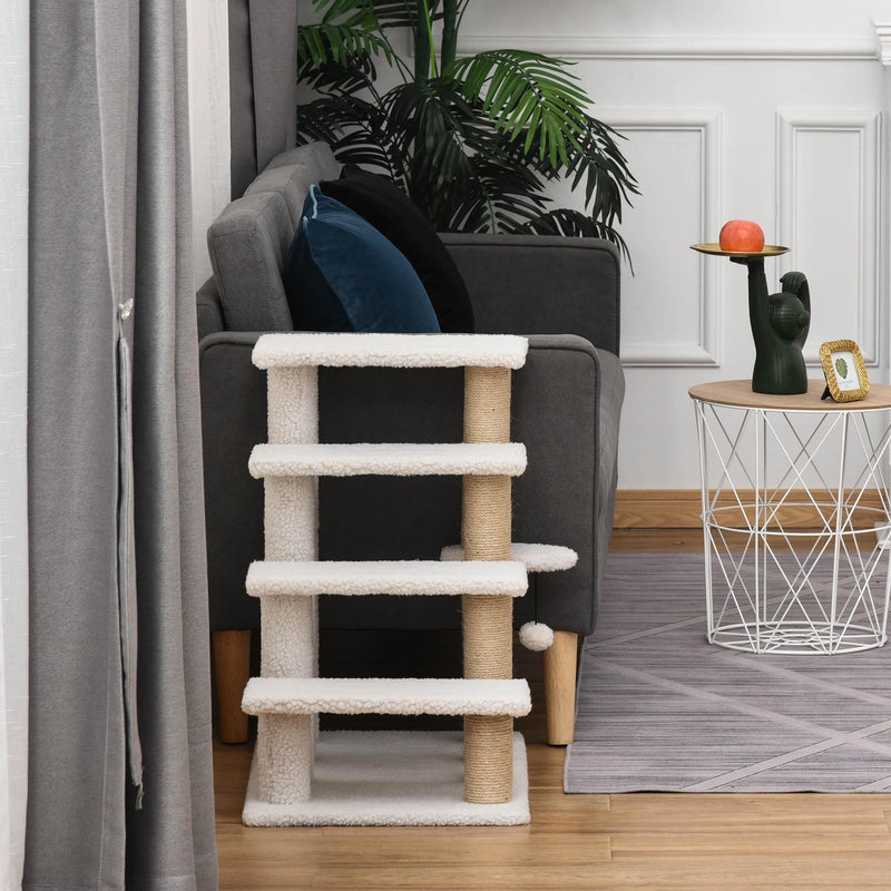 PawHut Pet Stair with 4-step Climb Ladder, Scratching Posts, White