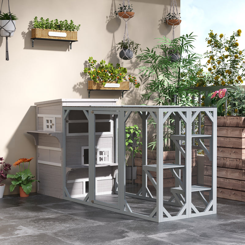 PawHut 3-Tier Wooden Kitten Shelter for Indoor, Outdoor - Grey