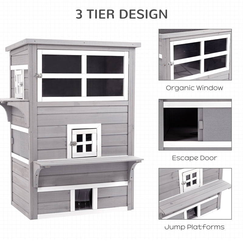 PawHut 3-Tier Wooden Kitten Shelter for Indoor, Outdoor - Grey