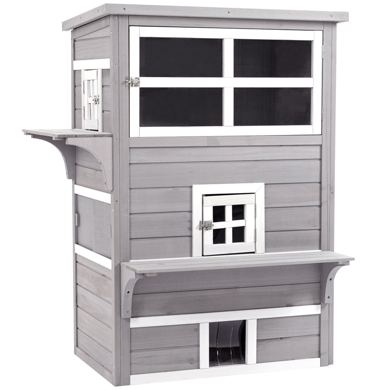 PawHut 3-Tier Wooden Kitten Shelter for Indoor, Outdoor - Grey
