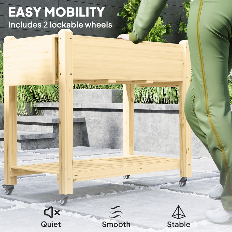 Outsunny Wooden Raised Planter With Lockable Wheels, Liner, Carbonised