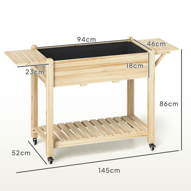 Outsunny Wooden Raised Planter With Lockable Wheels, Liner, Carbonised