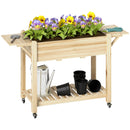 Outsunny Wooden Raised Planter With Lockable Wheels, Liner, Carbonised