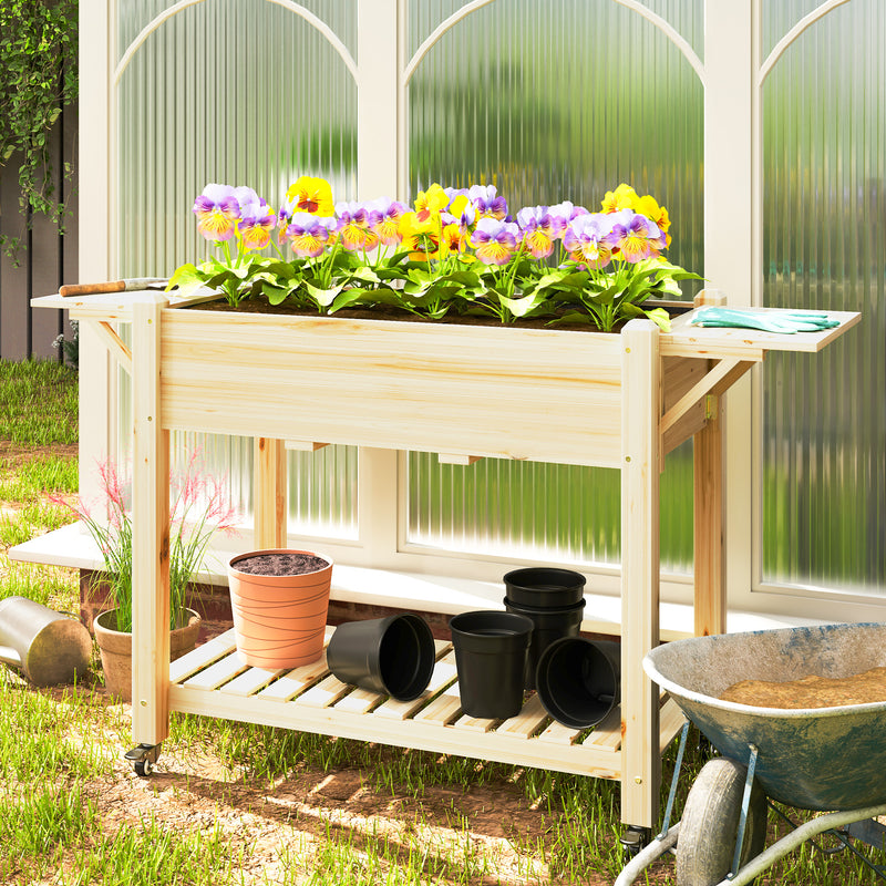 Outsunny Wooden Raised Planter With Lockable Wheels, Liner, Carbonised