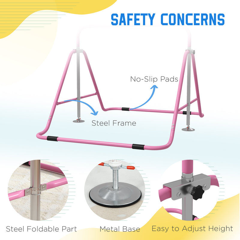 HOMCOM Kids Pink Gymnastic Bar w/ Adjustable Height, Foldable Training Bar