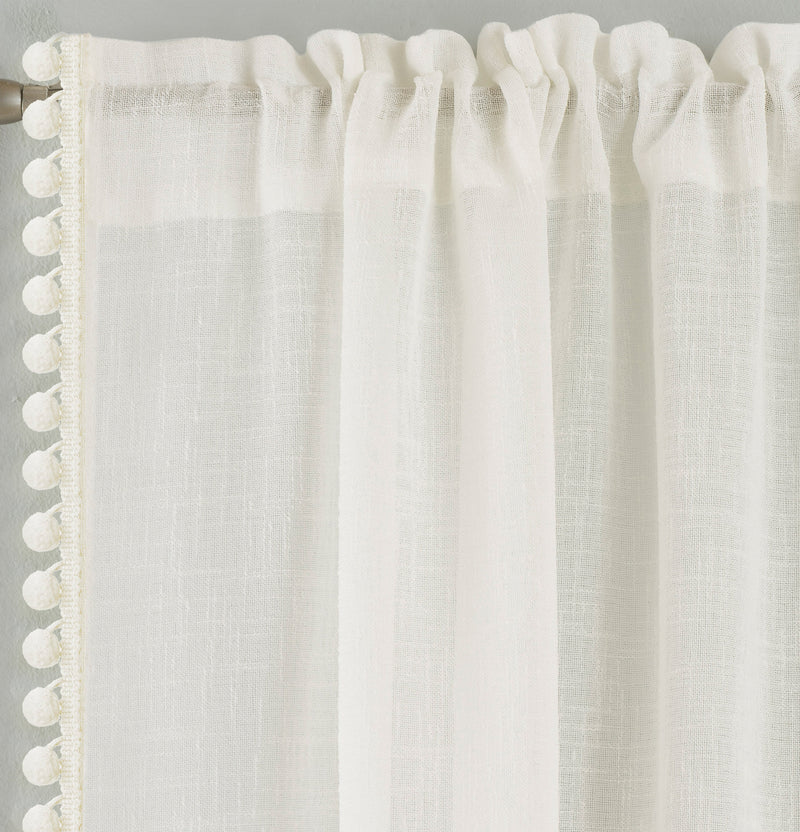Pair of Tahiti Cream Pom-Pom Trim Linen Look Voile Panels with Rod Pocket Header