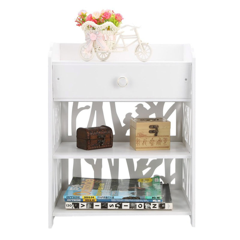 Livingandhome Hollow Carved Bird Pattern Side Table Nightstand with Drawer for Bedroom