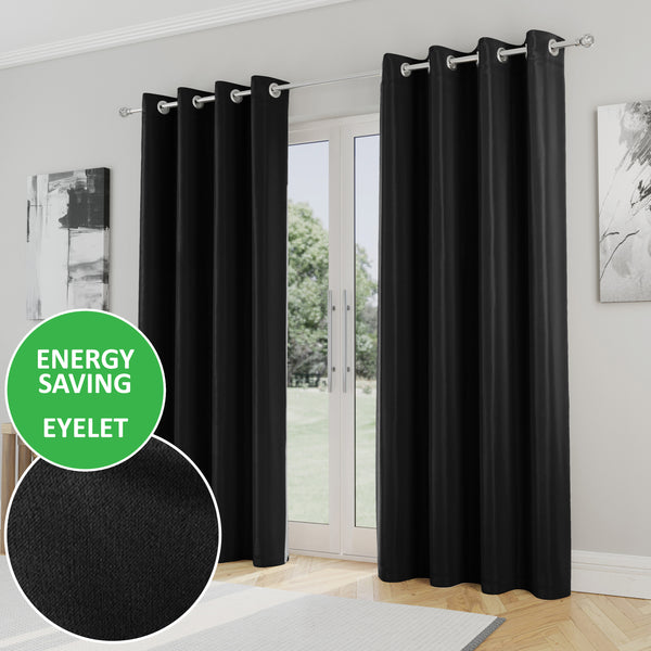 Enhanced Living Nightfall Plain Supersoft Black Thermal Blockout Eyelet Curtains - Black