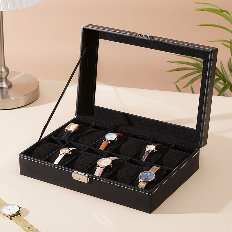 Sheonly 12-Slot Black Synthetic Leather Watch Display Box with Glass Lid